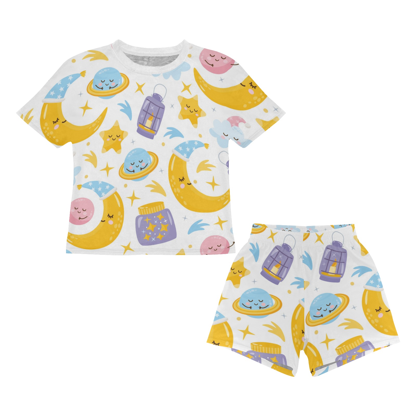 Big Girls' Summer Pajama Set with moon and star print, made of polyester