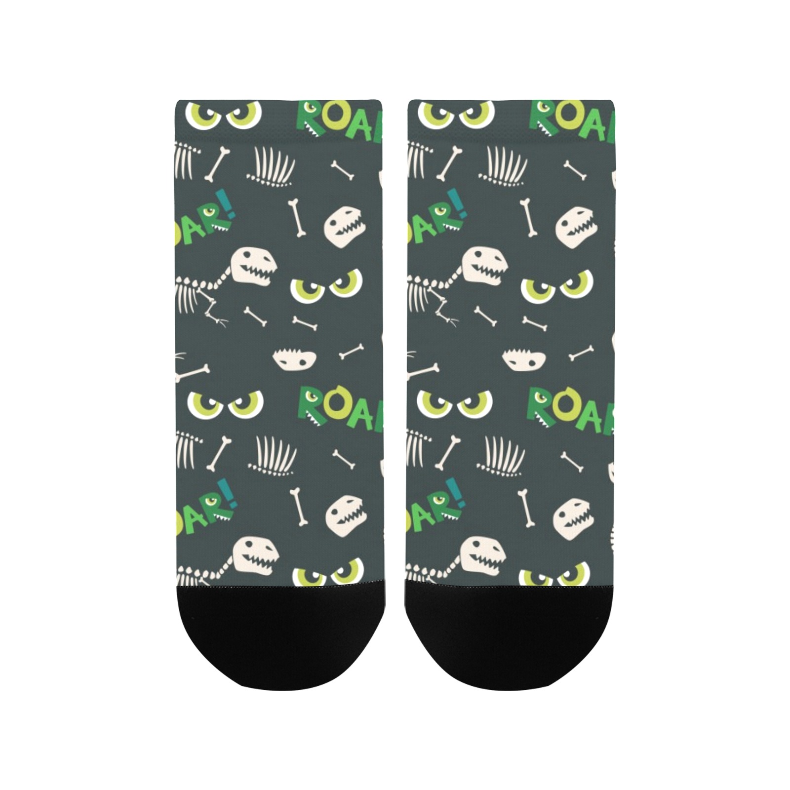 Women's ankle socks with a repeating dinosaur skeleton pattern on a polyester base, perfect for women.