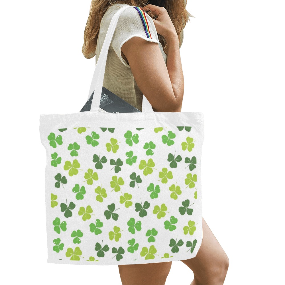 White canvas tote bag with green cactus pattern, large size for shopping or carrying essentials. Inkedjoy