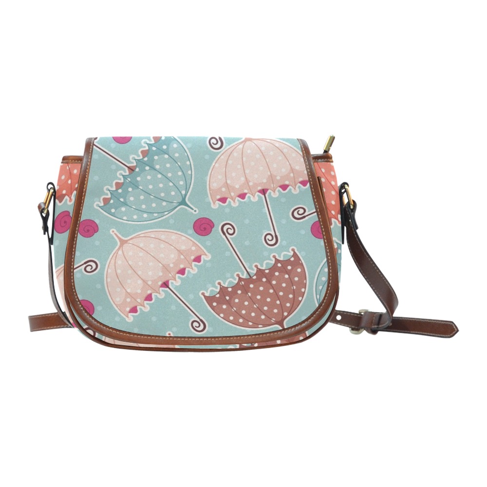Turquoise umbrella print saddle bag for women, waterproof Oxford cloth with adjustable strap