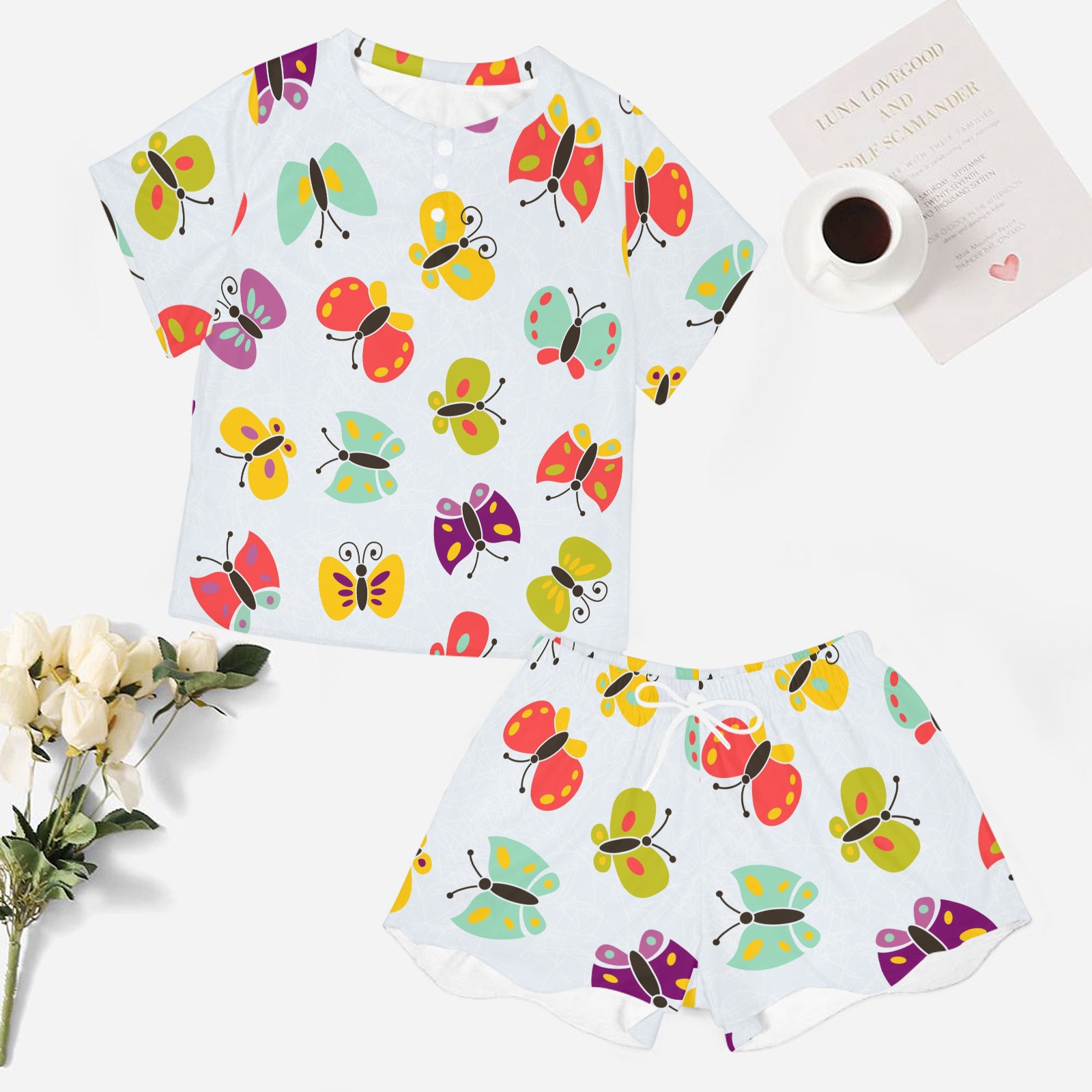 Ladies white polyester butterfly print home suit set