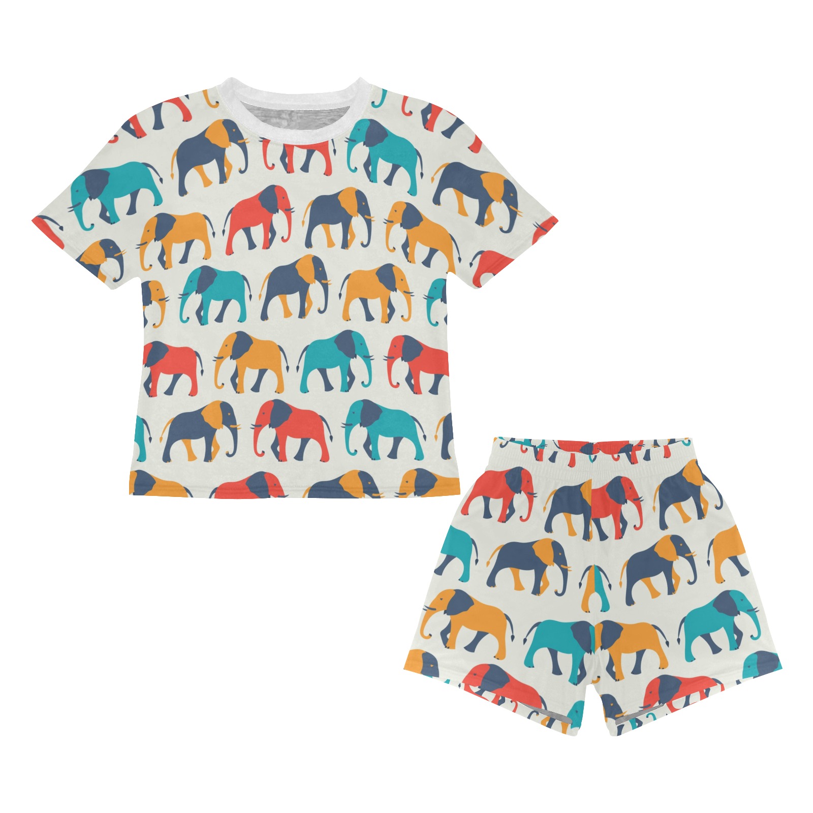 Little girls' short pajama set with colorful elephant print, polyester fabric, summer wear.