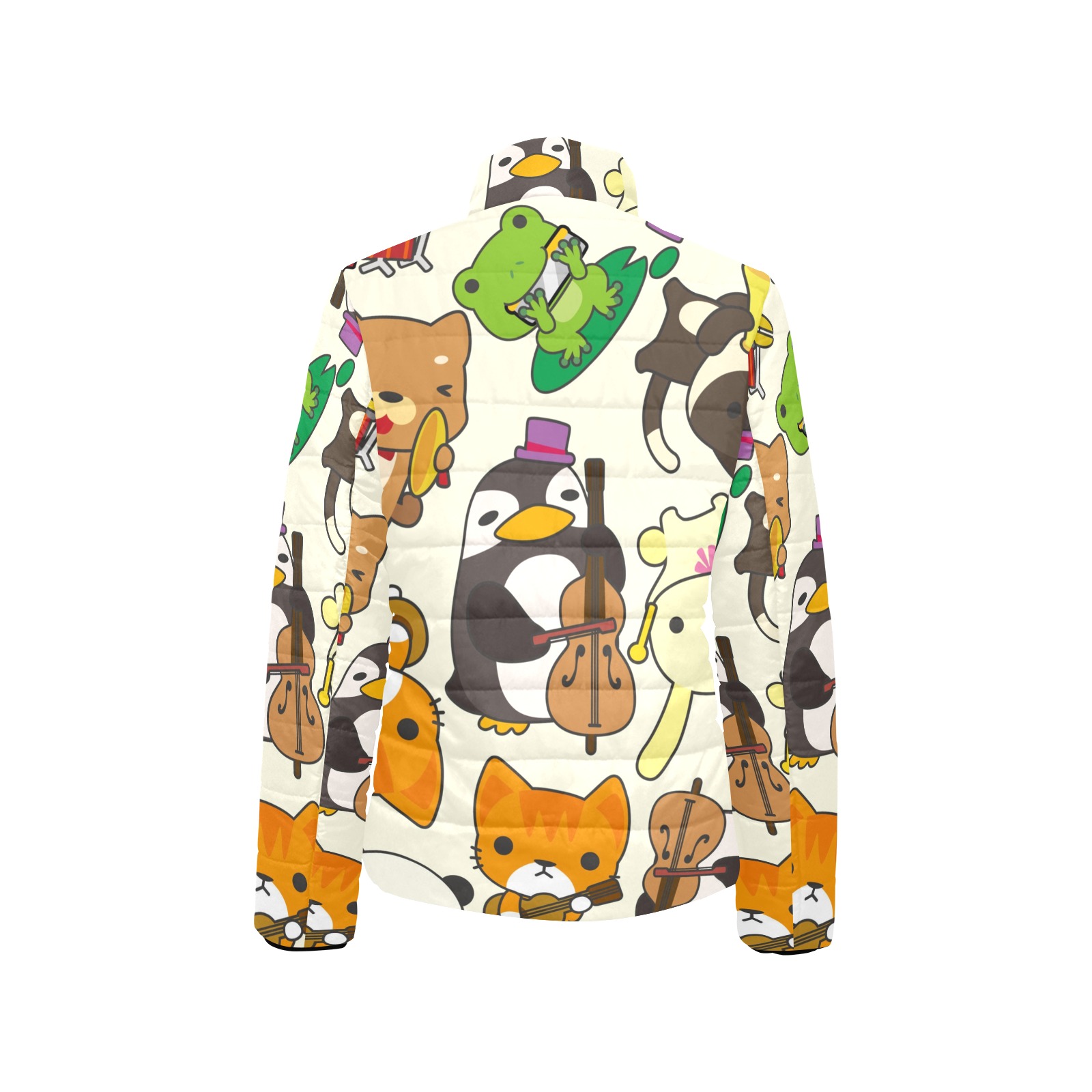 Women's stand collar padded jacket with cartoon animal print, zipper closure, and two pockets, made of polyester.