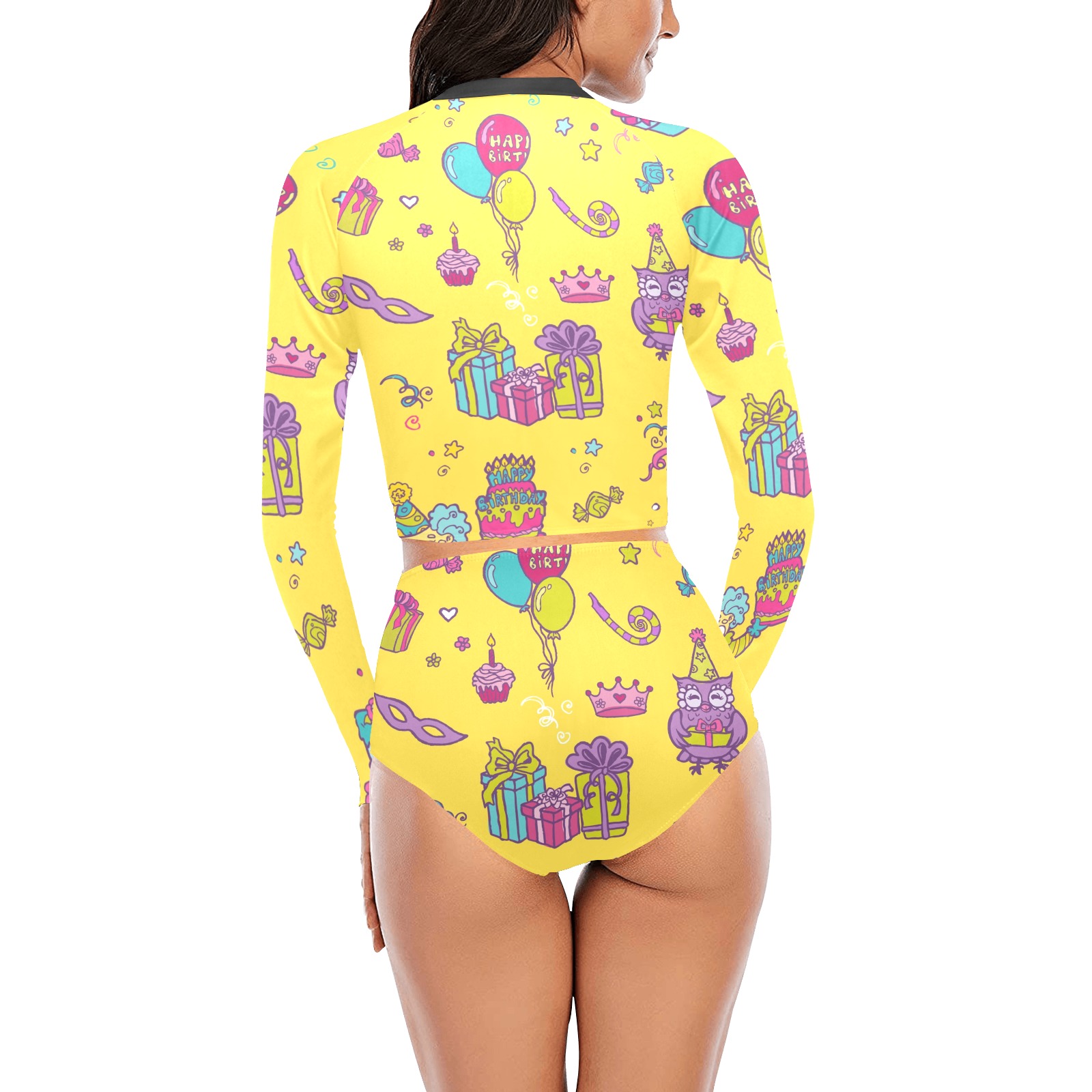 Women's Long Sleeve Bikini Set S27 - Yellow with printed pattern