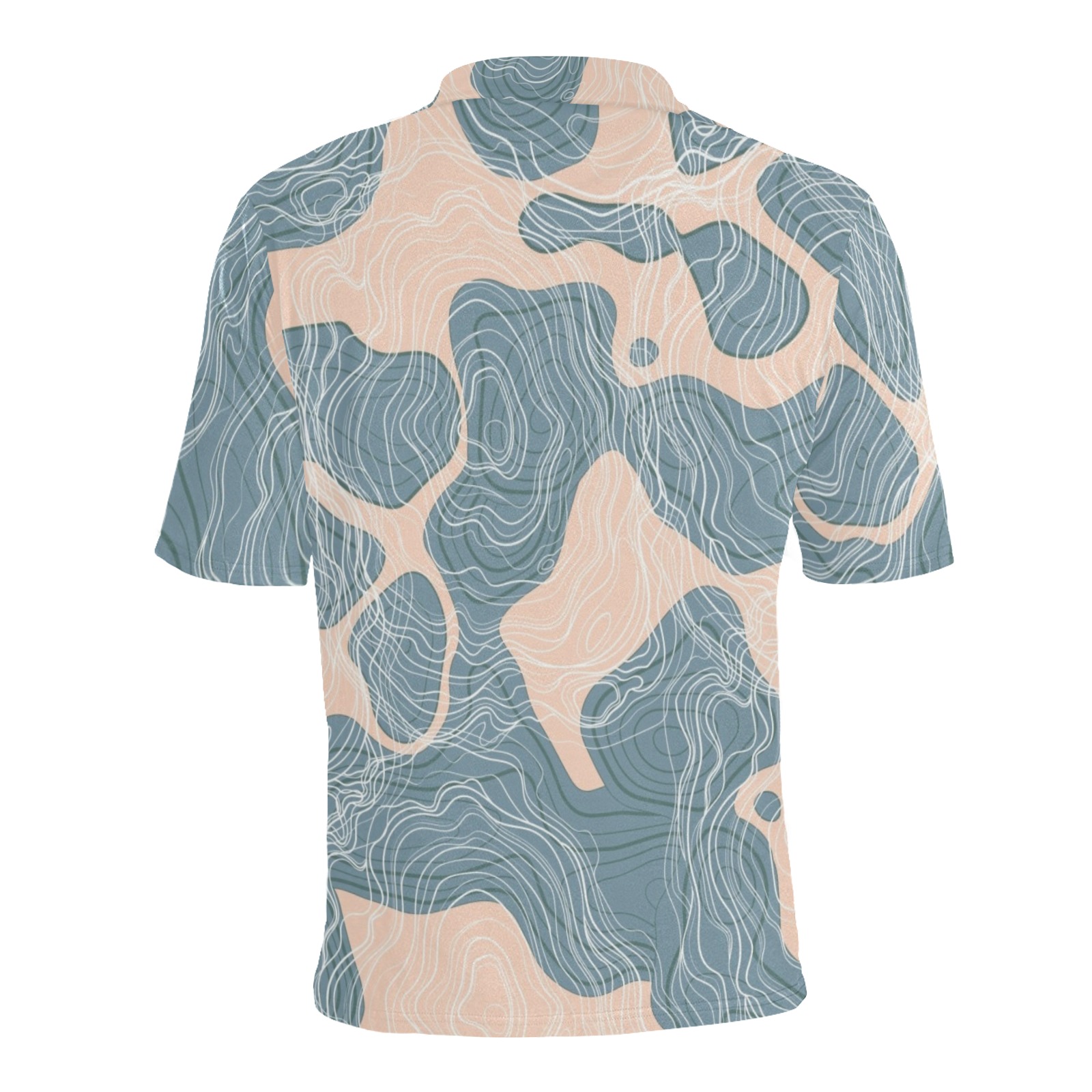 Men's All Over Print Polo Shirt (T55) in abstract blue and beige pattern, polyester fabric.