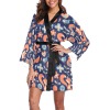 Navy blue Women's Long Sleeve Kimono Robe with colorful patterns and black belt.