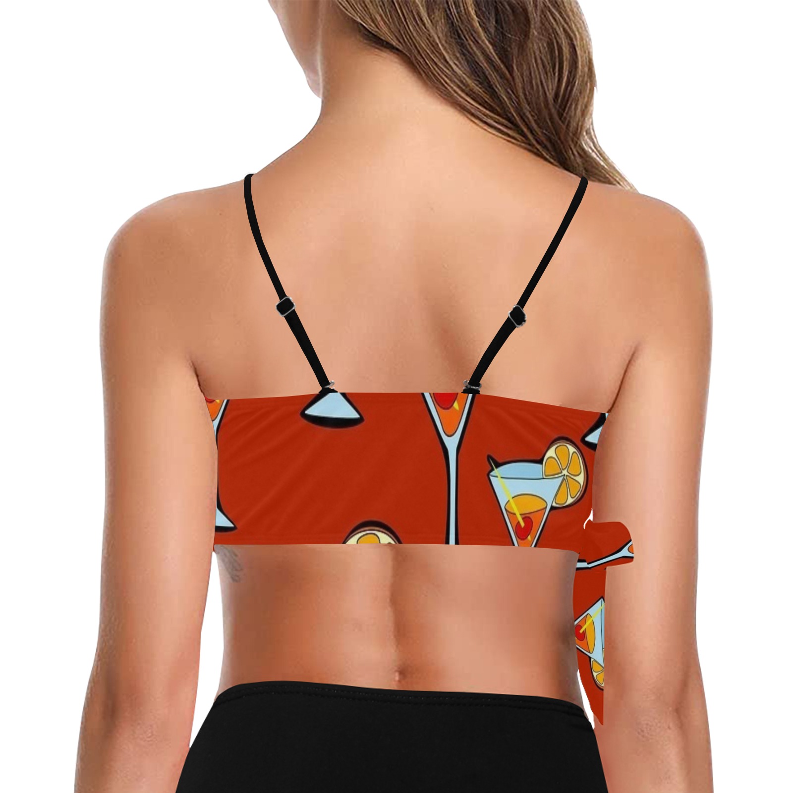 Knot Side Bikini Top (S37) cocktail print, orange, white, black straps, zipper. Summer swimwear.