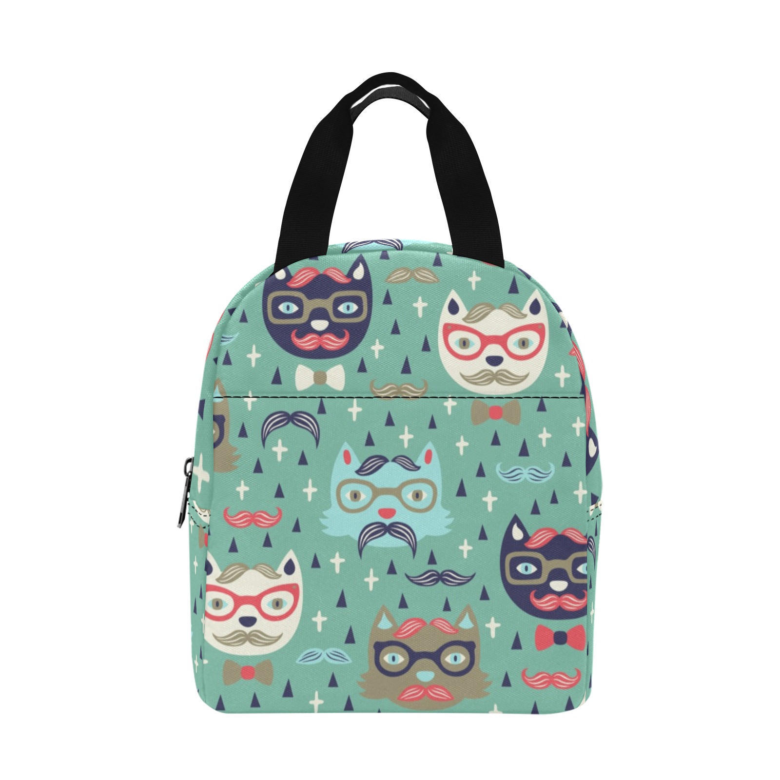 Teal Insulated Lunch Bag with cat pattern, water-resistant and durable, perfect for carrying lunch or snacks.