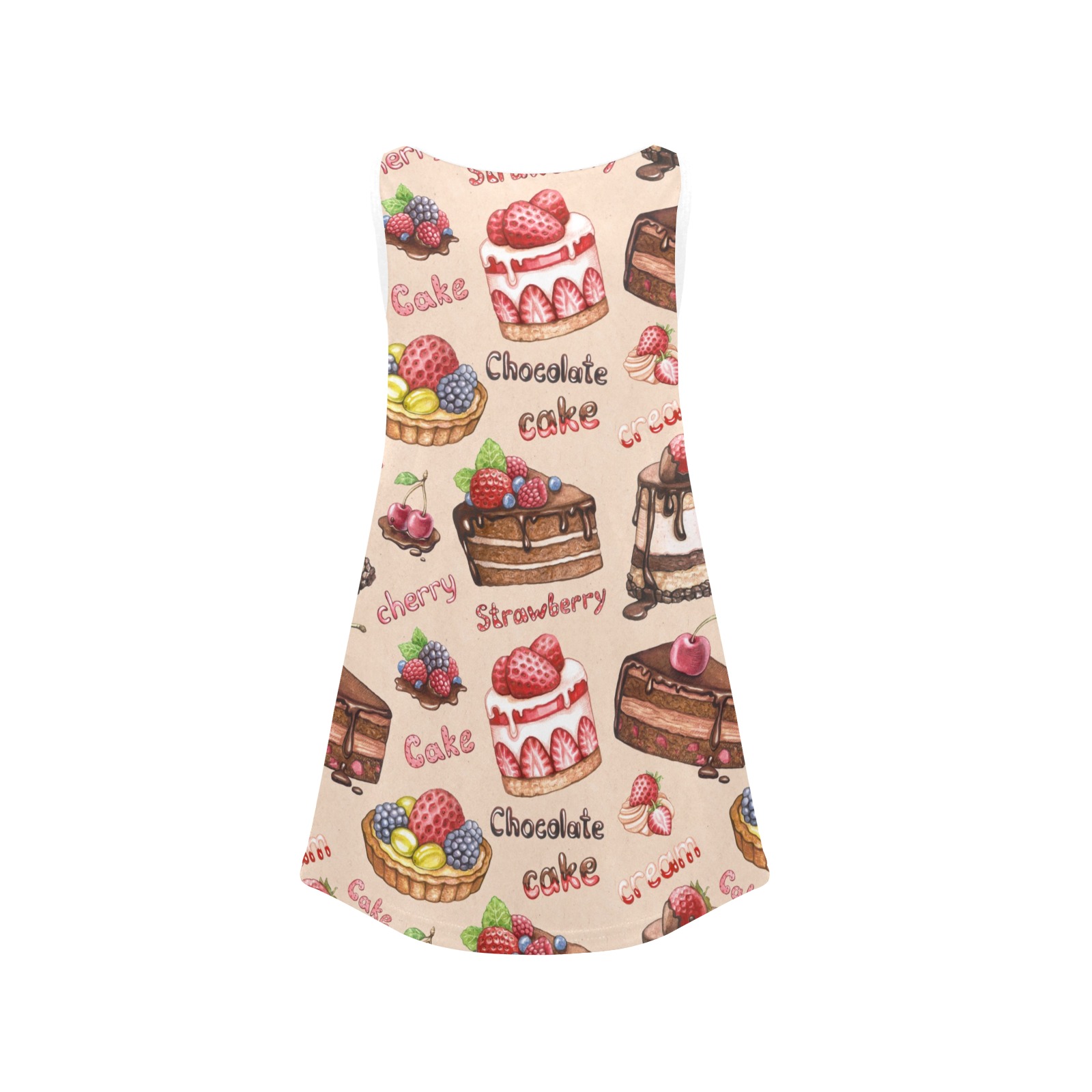 Girls' sleeveless dress with strawberry and chocolate cake pattern, perfect for parties and everyday wear.