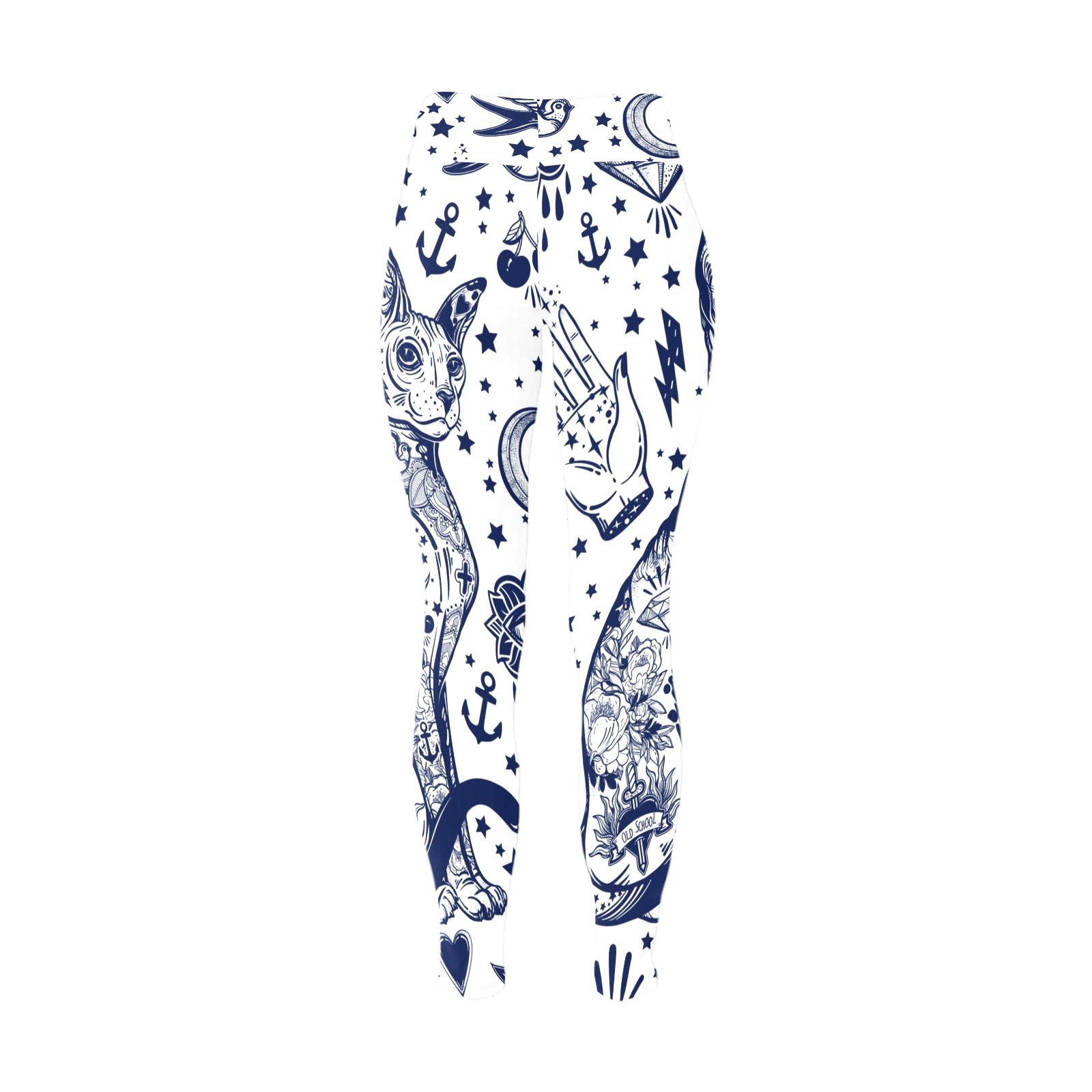 Women's High Waist Leggings (Model L44) with blue and white celestial print, perfect for yoga.