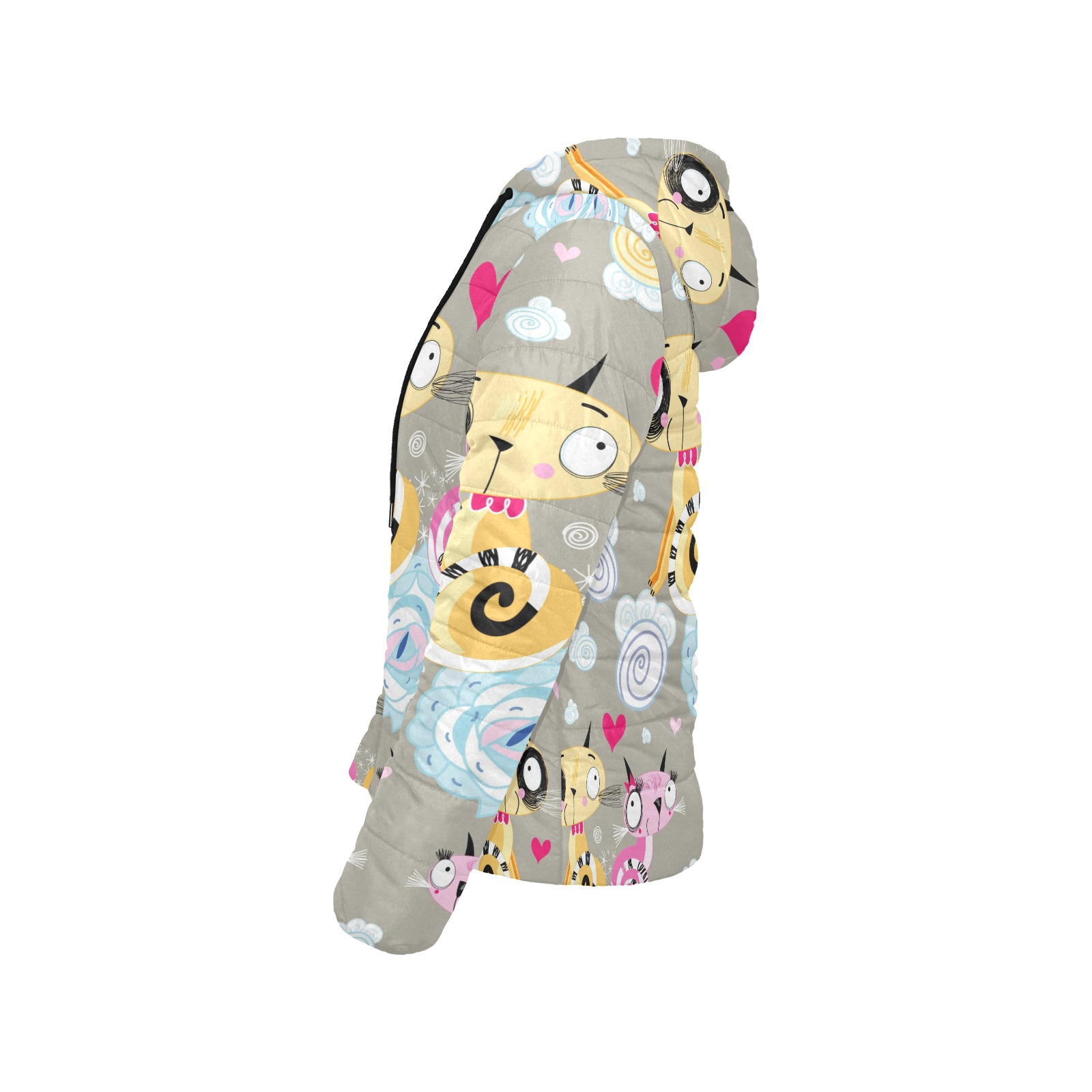 Women's cartoon print padded hooded jacket in gray, featuring zipper closure, elastic cuffs, and polyester fabric.