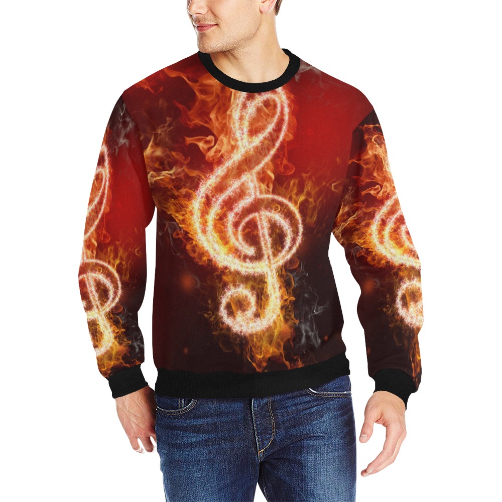 Men's music note crew neck sweatshirt, 95% polyester blend, spring/autumn/winter wear.