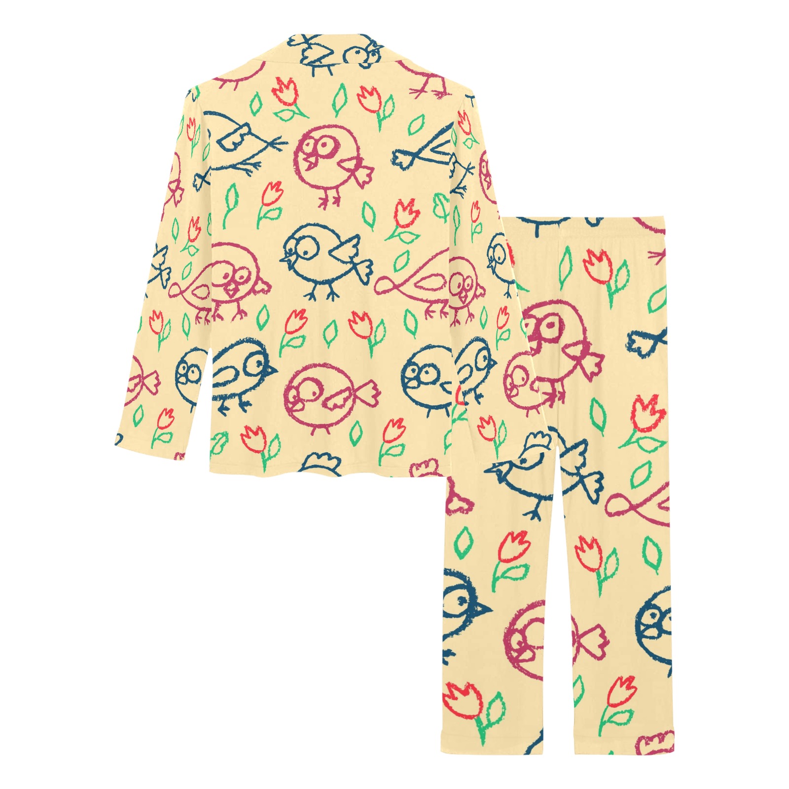 Women's Floral Print Pajama Set - Beige Long-Sleeve Top and Pants