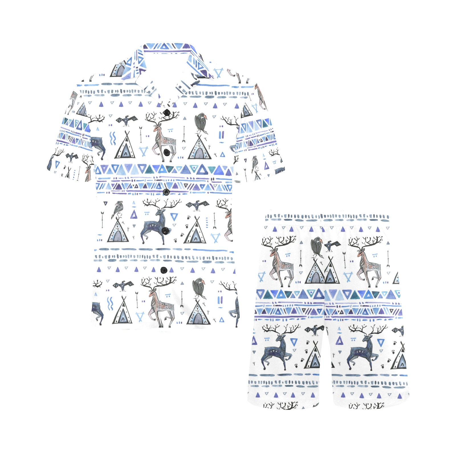 Men's V-neck pajama set with giraffe and reindeer print, blue and white, short sleeves. Polyester fabric for home wear.