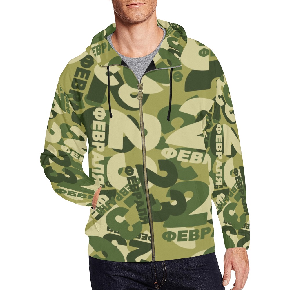 Men's All Over Print Full Zip Hoodie (Model H14) in Green Camouflage with Drawstring Hood