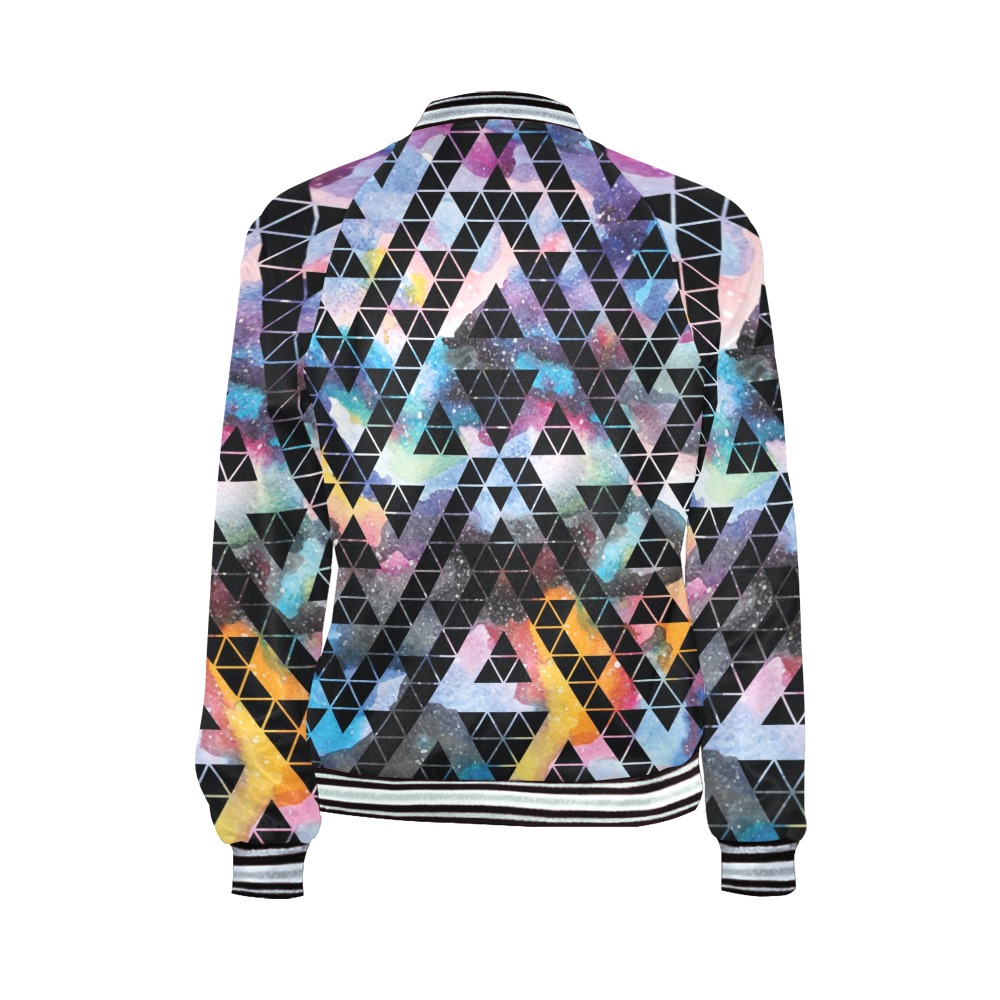 Women's H21 full-zip jacket with colorful geometric pattern, made of polyester and spandex blend.