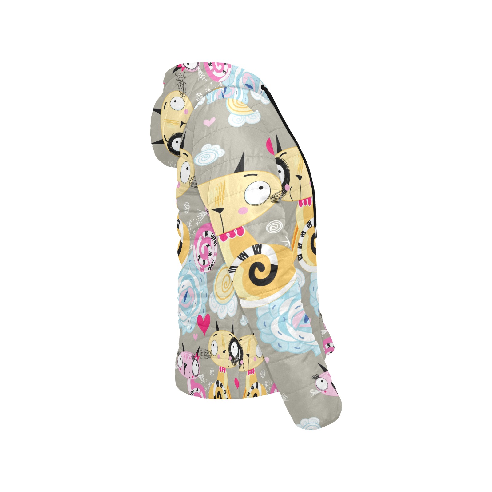Women's cartoon print padded hooded jacket with zipper and elastic cuffs in gray polyester fabric.