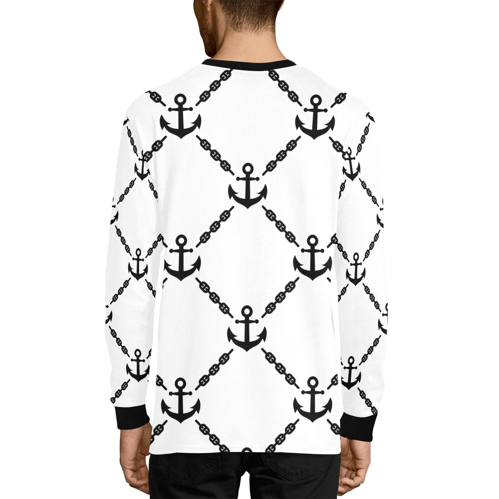 Men's white pajama top with all-over black anchor pattern, polyester fabric, black collar and cuffs, perfect for sleepwear.