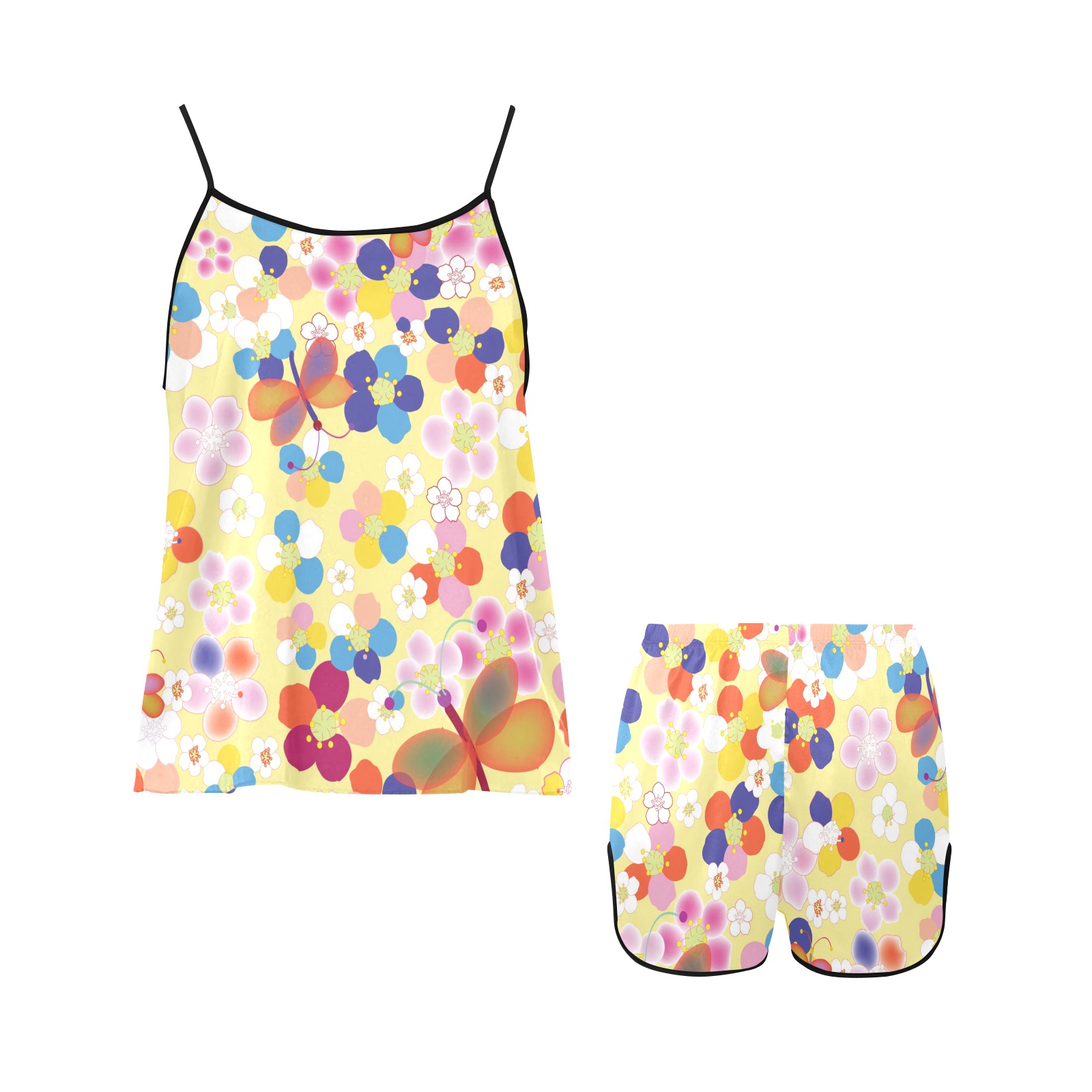 Women's Spaghetti Strap Floral Pajama Set - Soft satin top and shorts, comfortable and elegant.