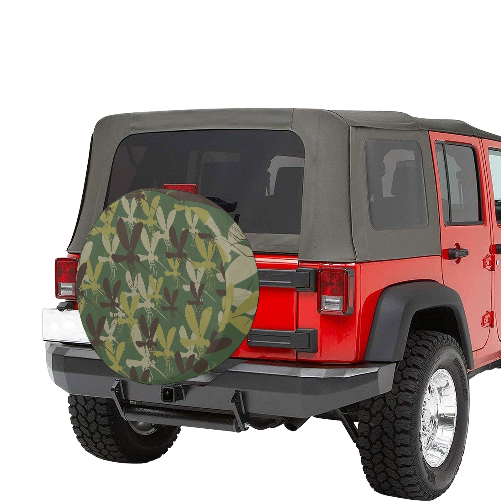 Camouflage spare tire cover (16") on red Jeep, durable polyester protection
