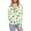 Women's All Over Print Hoodie (Model H13) with green clover pattern, featuring drawstring hood and kangaroo pocket.