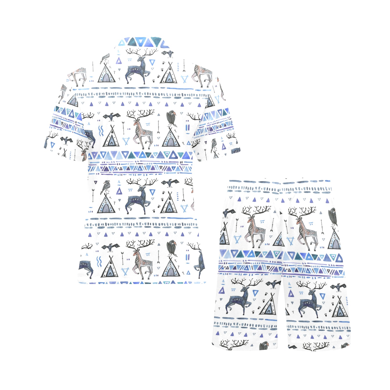 Men's V-Neck Pajama Set with Reindeer and Giraffe Print, blue and white short-sleeved shirt and shorts