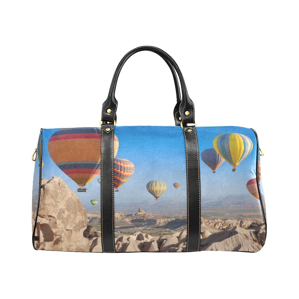 Black Travel Bag (Model 1639) with hot air balloon design, waterproof and durable. Perfect for travel and outdoor activities.