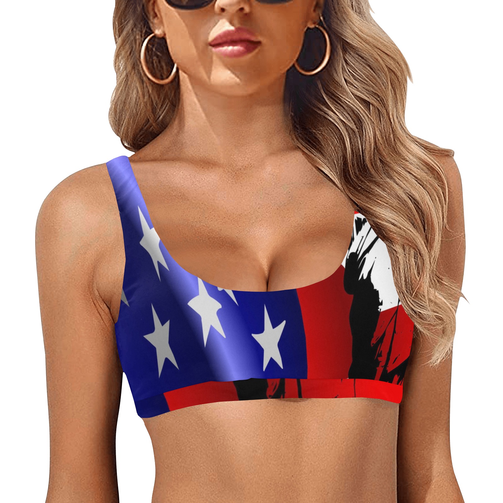Women's Sport Bikini Top S07 with American flag print, polyester-spandex blend