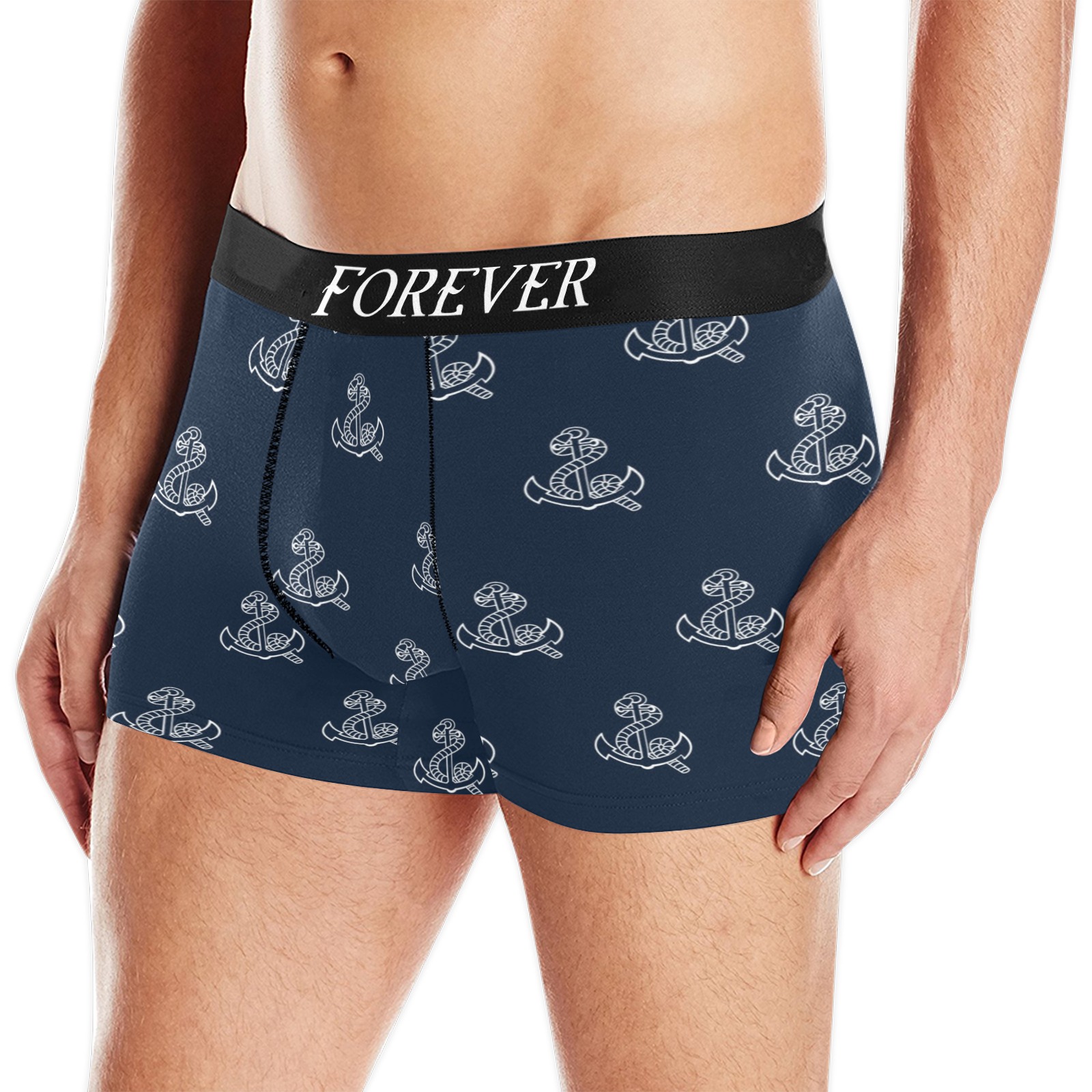 Men's navy blue boxer briefs with custom "FOREVER" waistband, polyester material, all-over print, comfortable fit