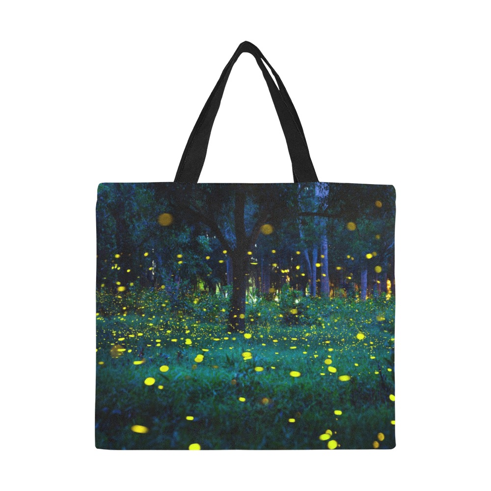 Large canvas tote bag with forest scene print, ideal for shopping or travel, featuring vibrant design.