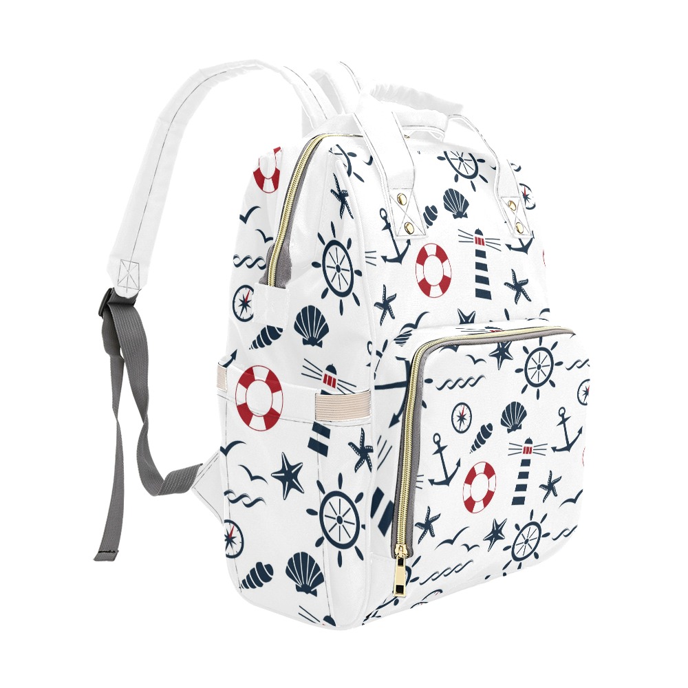 Nautical Print Multi-Function Backpack (Model 1688) - White waterproof nylon with anchor, helm, and star patterns