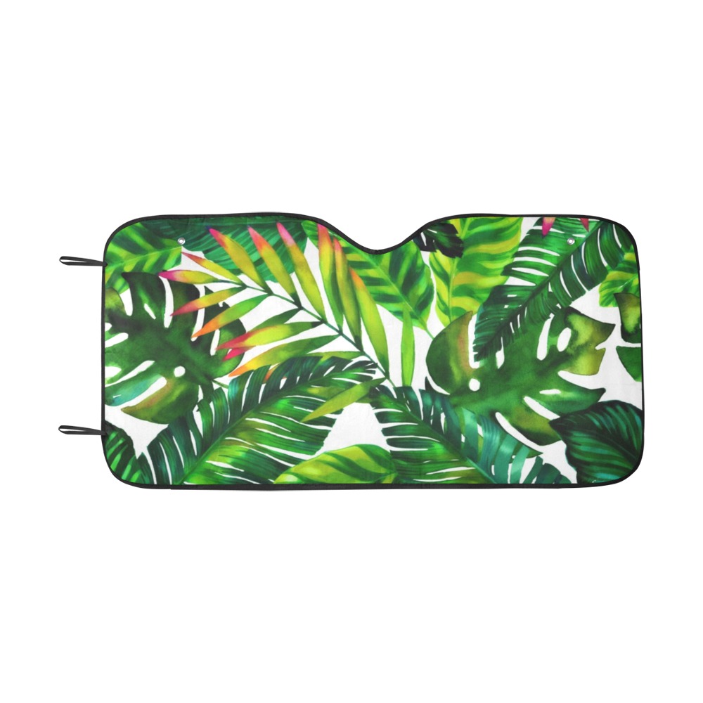 Auto Sun Shade featuring a vibrant green leaf pattern, protecting car interior from UV rays, 55" x 29.53".