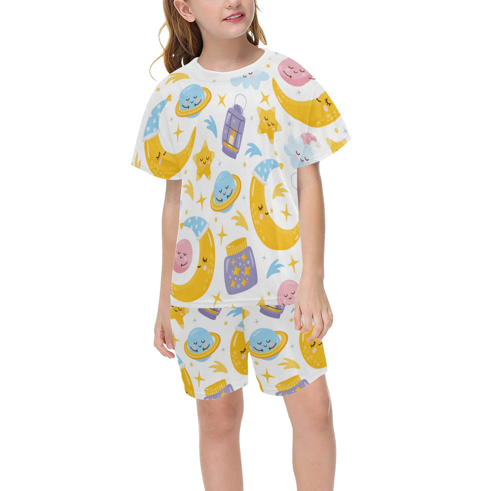 Big Girls' Short Pajama Set with fun, colorful pattern, perfect for summer sleepwear. Featuring adorable graphics.