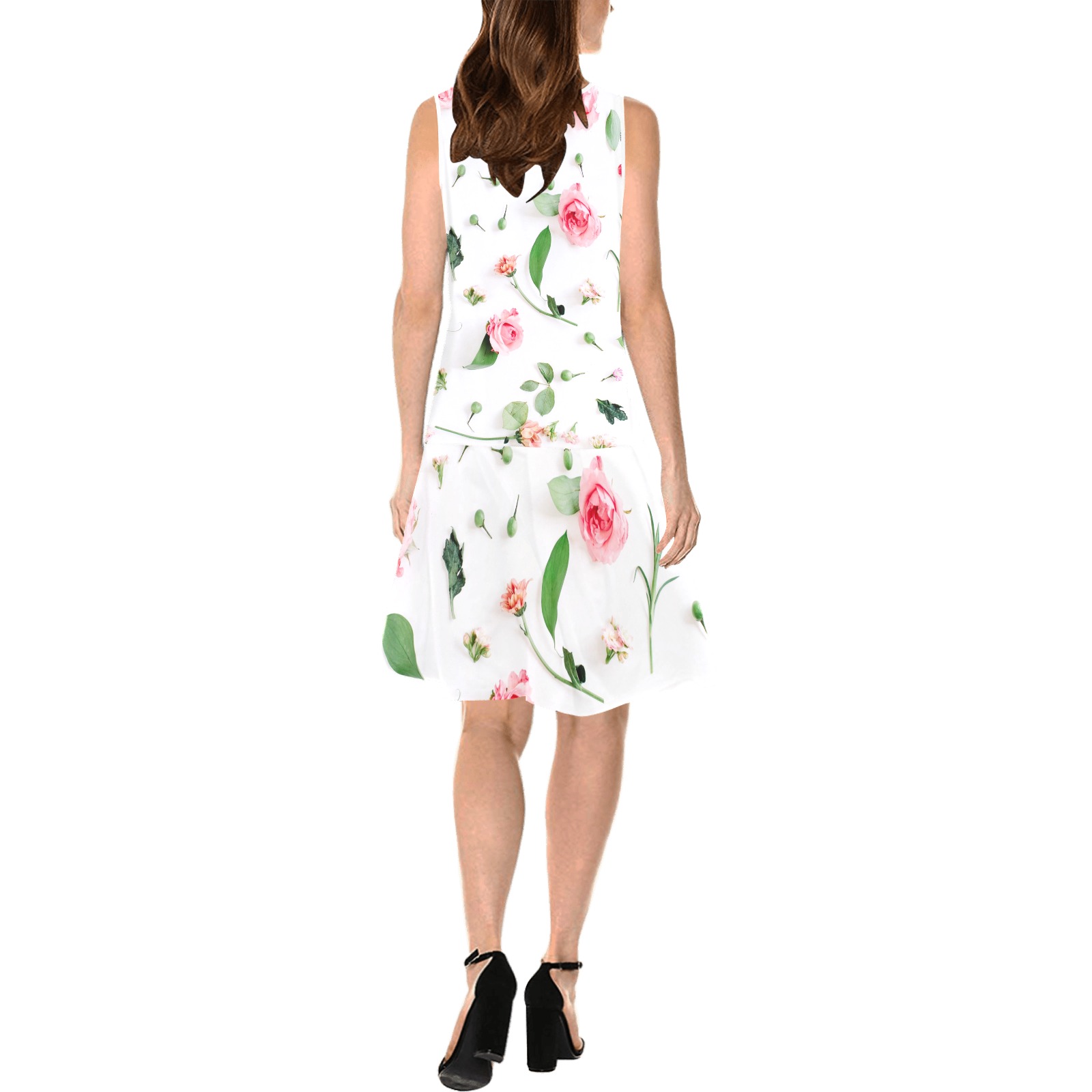 Sleeveless Splicing Shift Dress (Model D17) in white with floral print, perfect for women's casual wear.