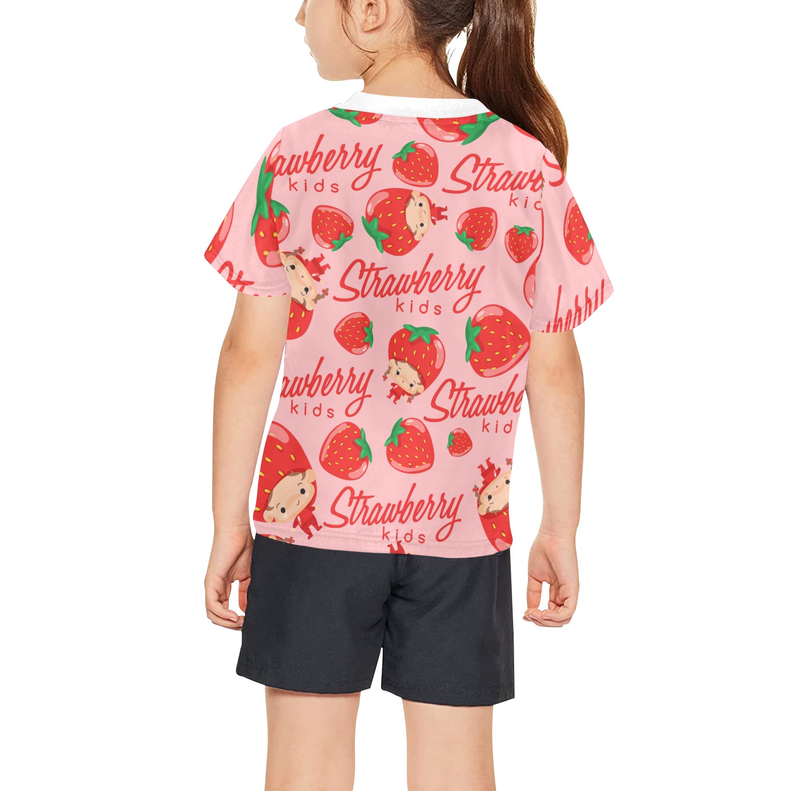 Big Girls' Strawberry Print Crew Neck T-Shirt, pink with strawberry pattern, polyester fabric