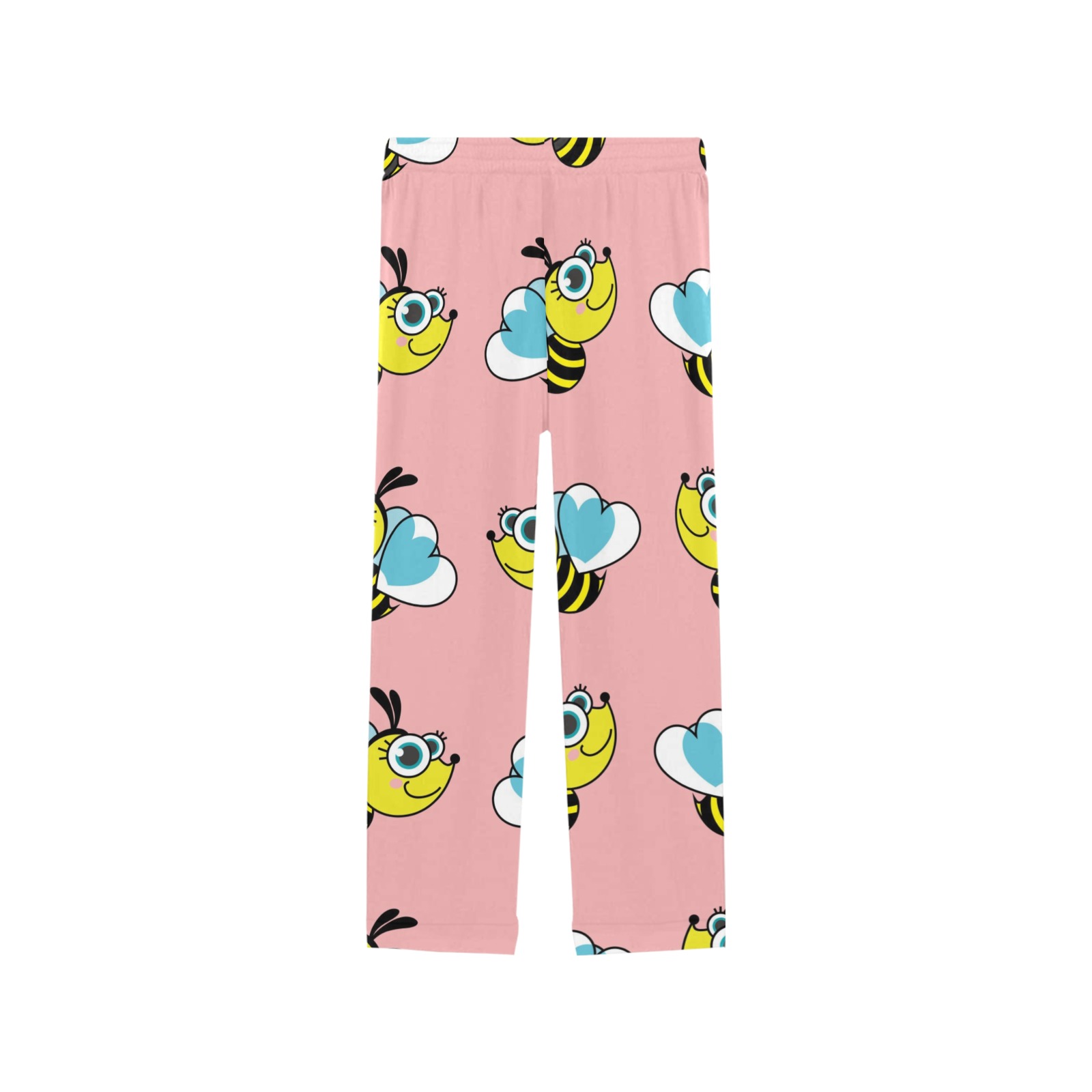 Pink women's pajama pants with cartoon bee pattern, 100% polyester, comfortable sleepwear