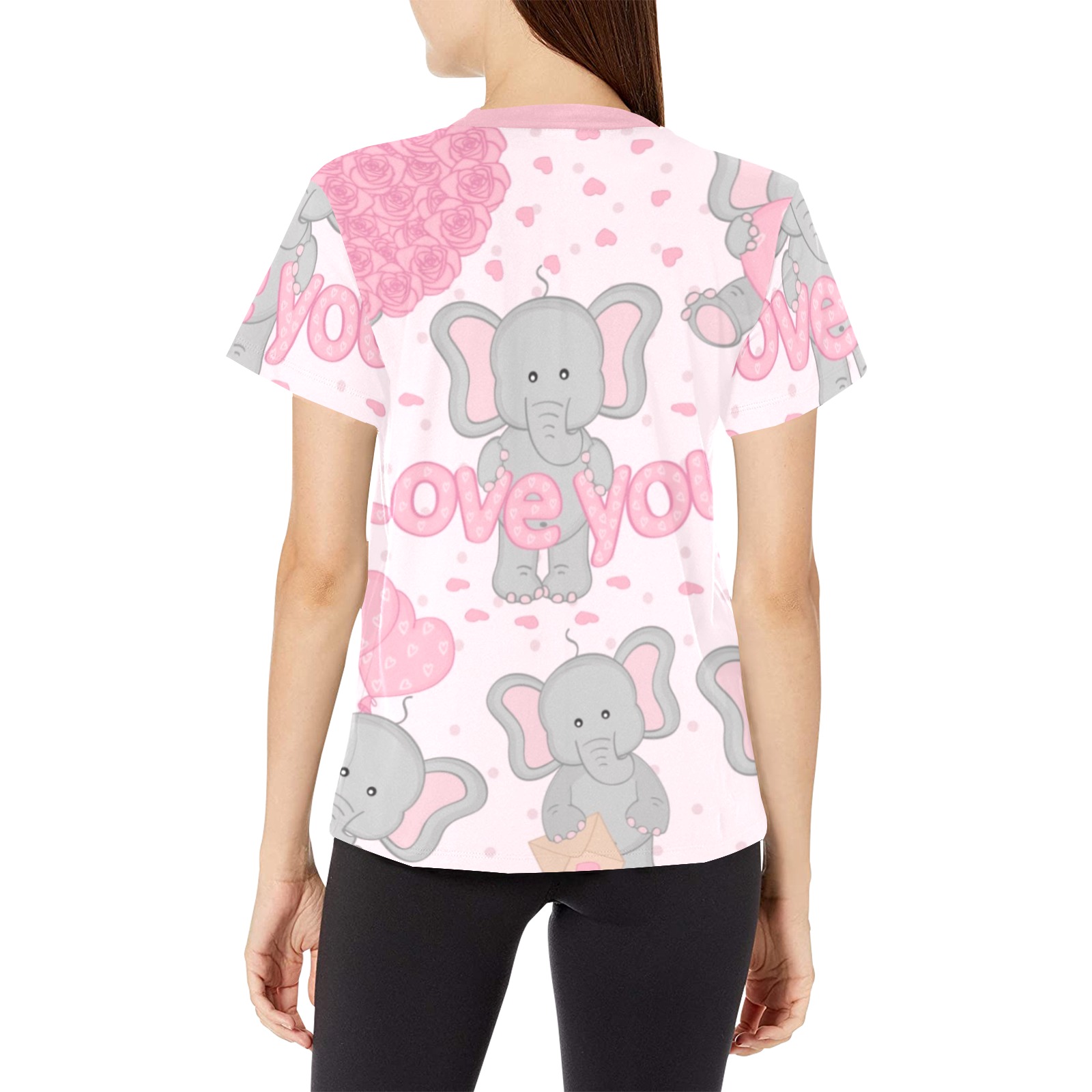 Women's All Over Print Crew Neck T-Shirt featuring elephant and heart pattern, with "LOVE YOU" text