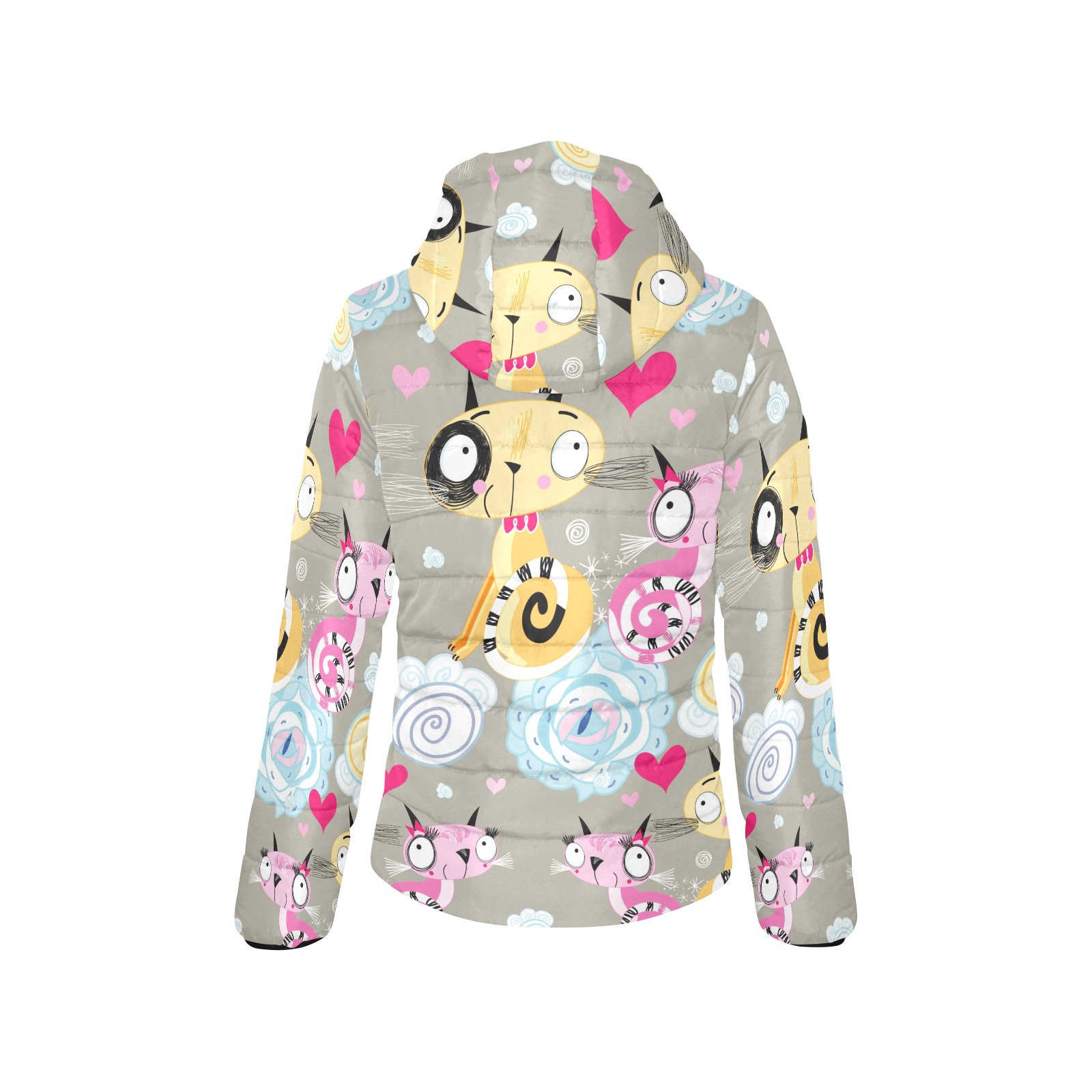 Women's cartoon padded hooded jacket with zipper and elastic cuffs, all-over print