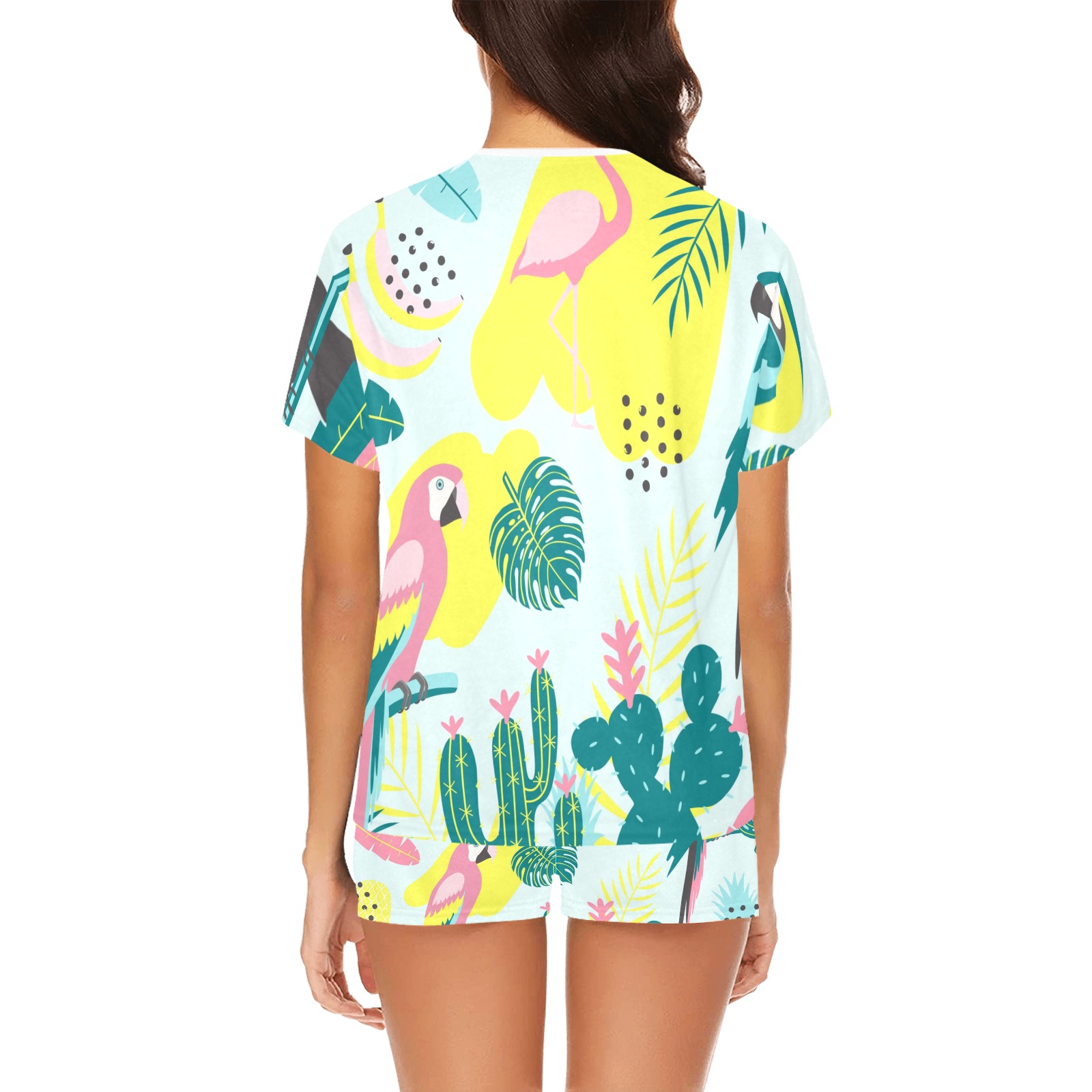Women's short pajama set with parrot, cactus, and tropical print