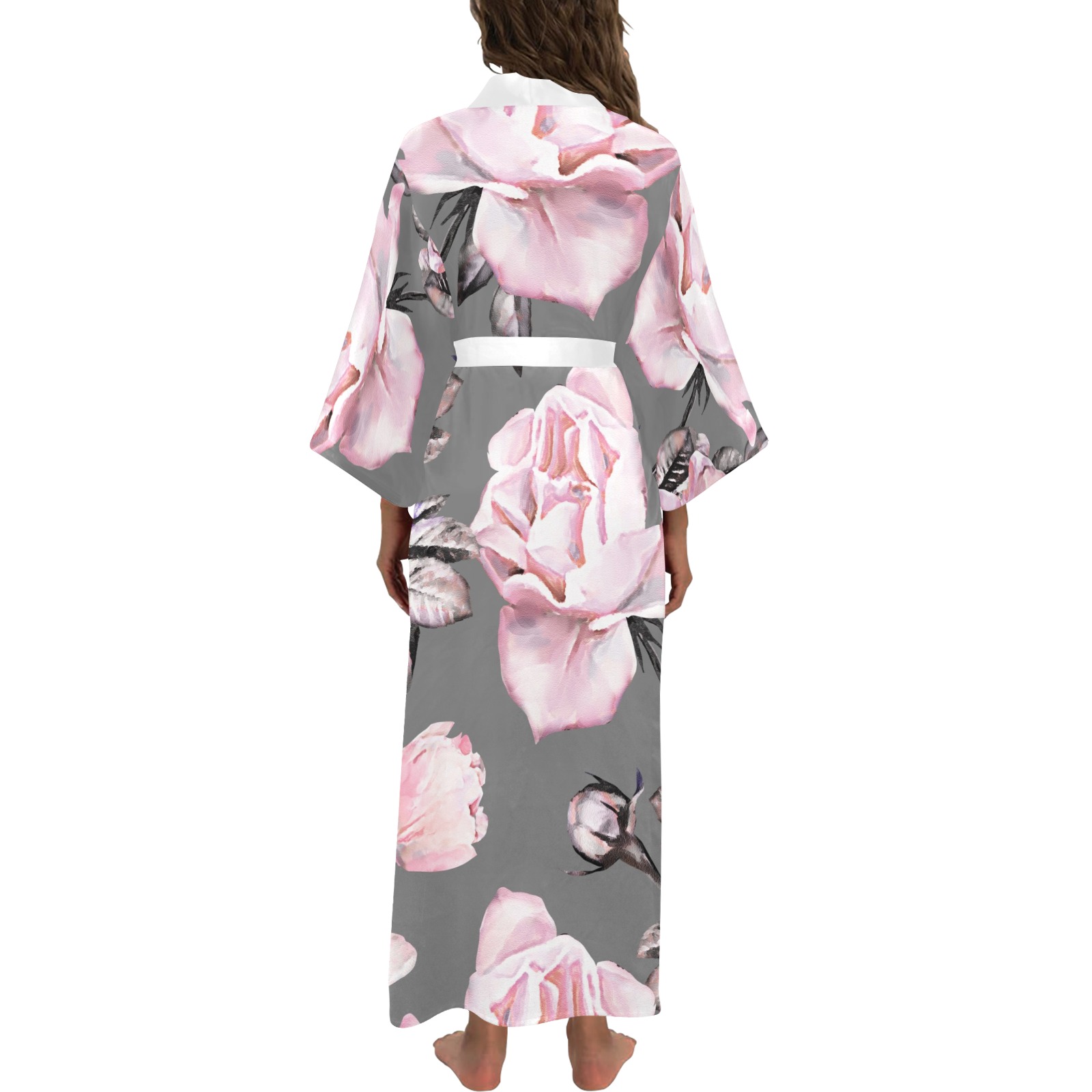 Long kimono robe with floral print, grey background, stylish home wear for women.