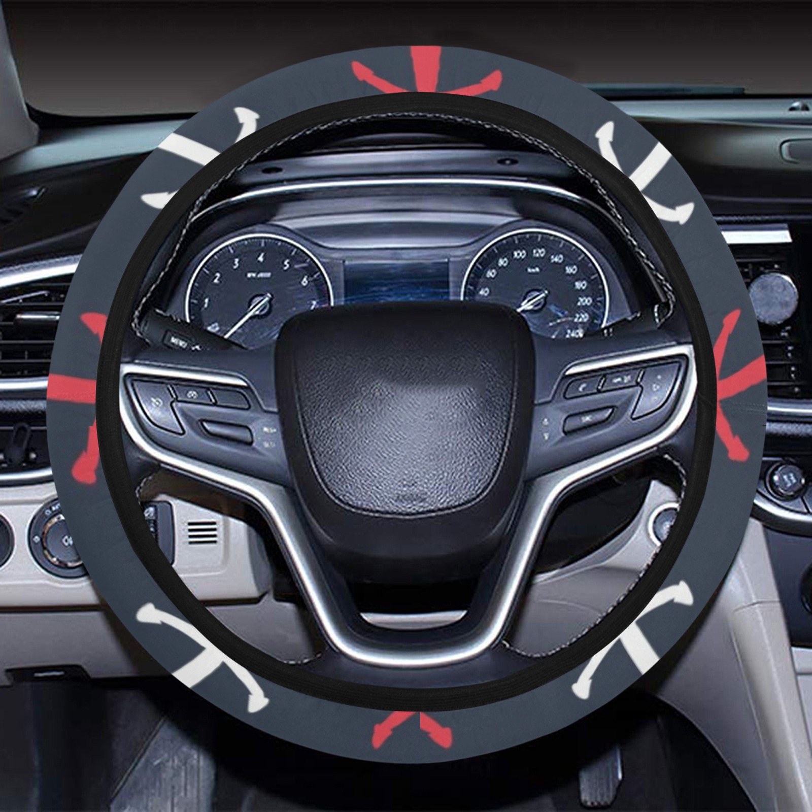 Steering Wheel Cover with Elastic Edge, black neoprene fabric with pattern design