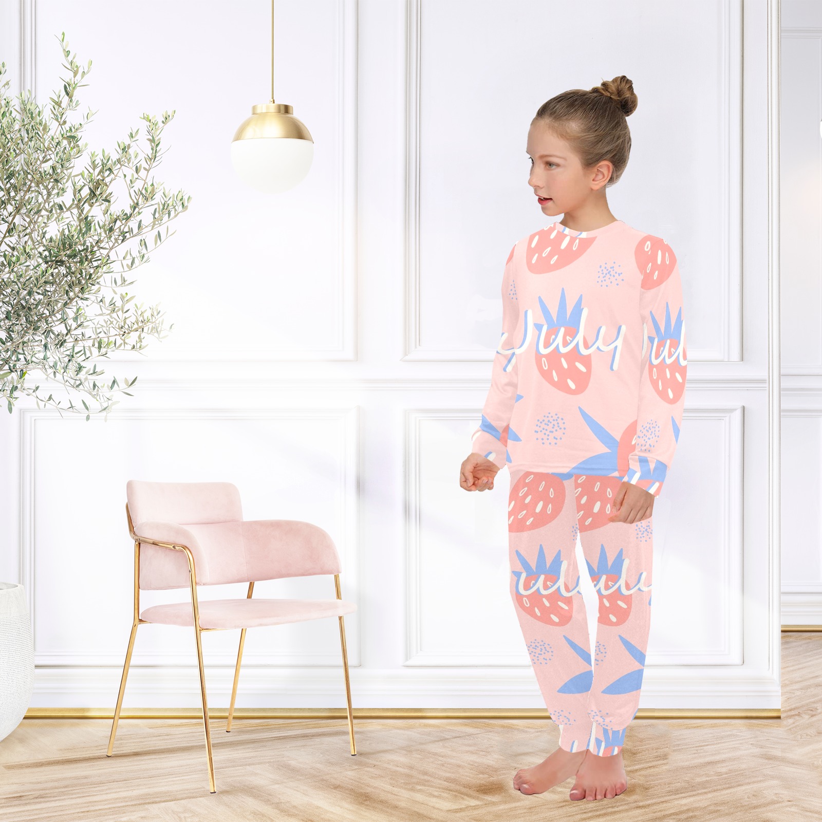 Big Girls' Pink Pineapple Print Pajama Set, Polyester Sleepwear