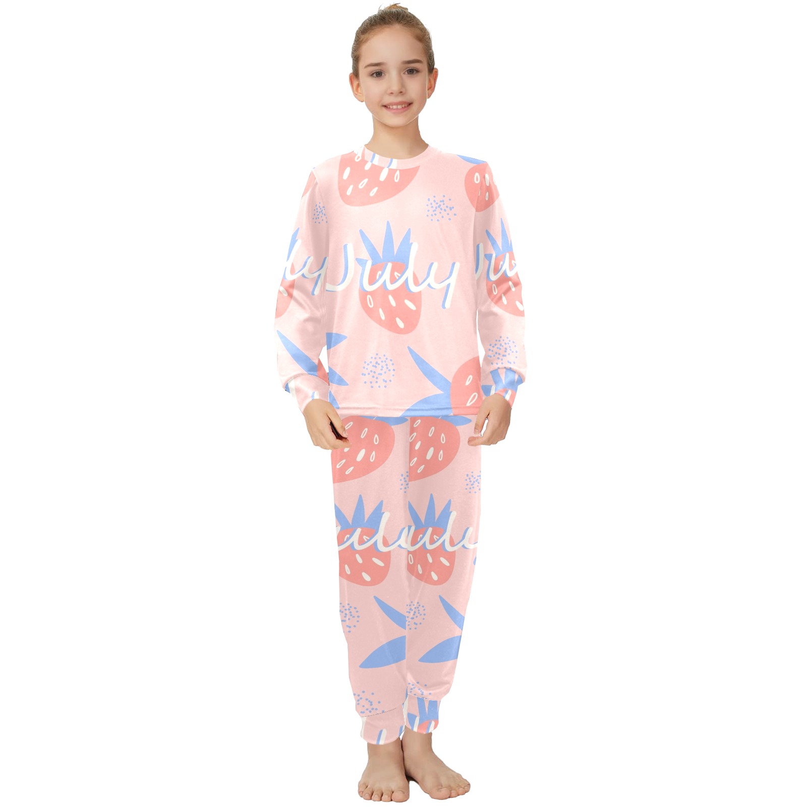 Big Girls' Pink Pineapple Print Pajama Set, Polyester Crew Neck Sleepwear
