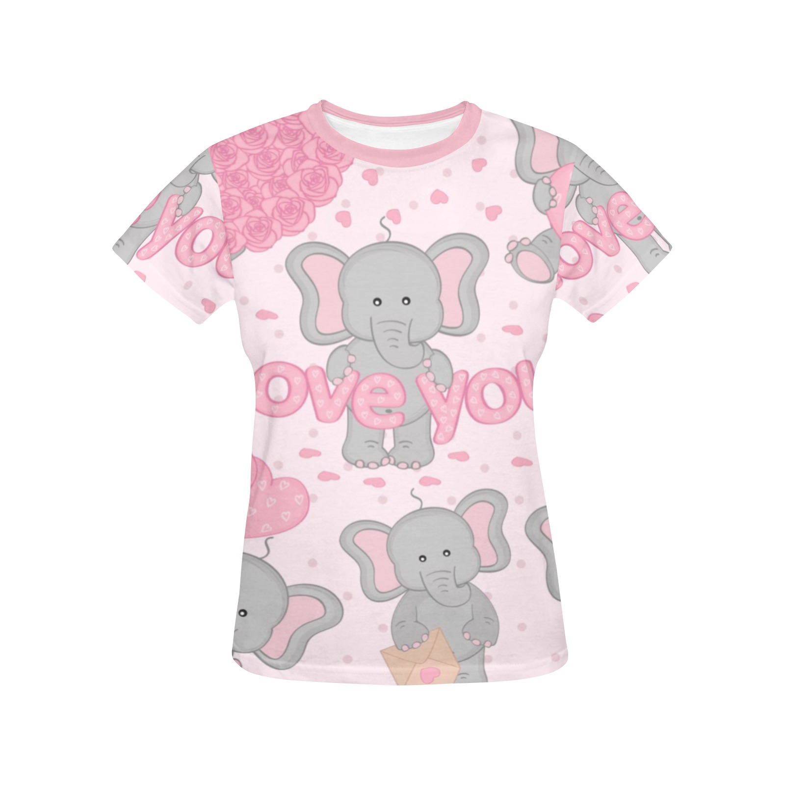 Pink Women's All Over Print Crew Neck T-Shirt featuring elephant and heart pattern with 'LOVE YOU' text