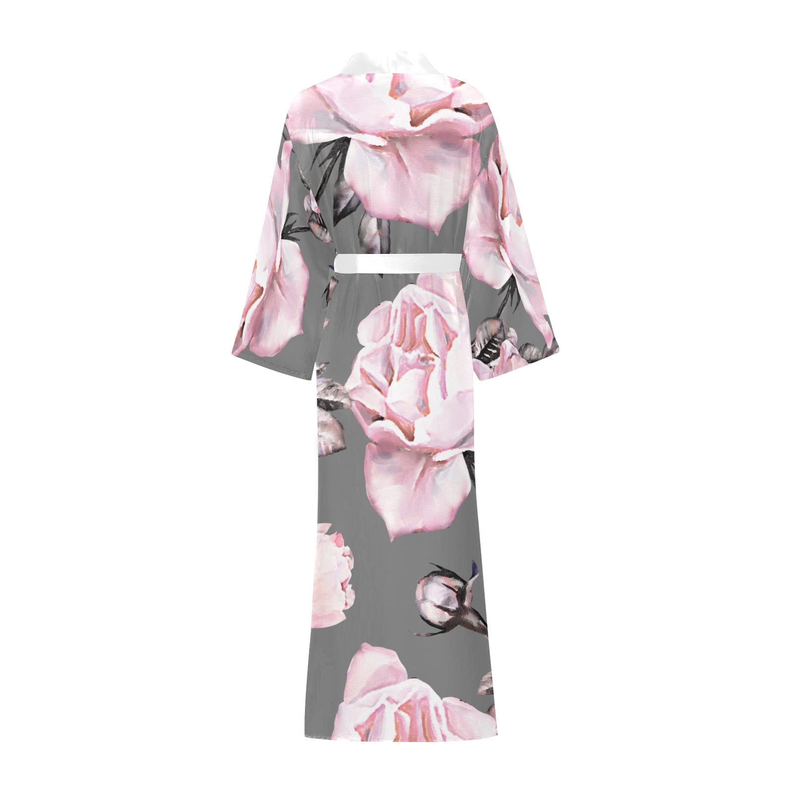 Long floral kimono robe with grey background, comfortable home wear.