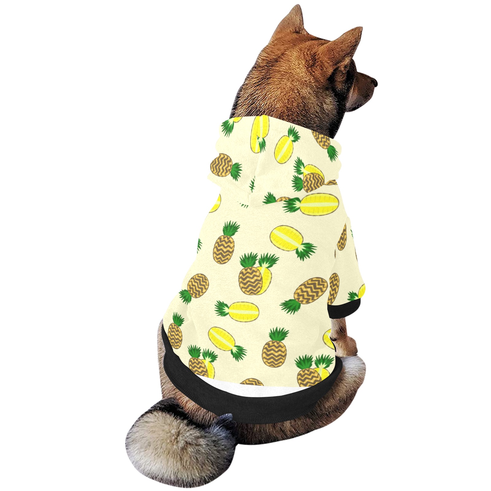 All-over print pet dog hoodie with pineapple pattern, yellow dog apparel, comfortable polyester fabric.