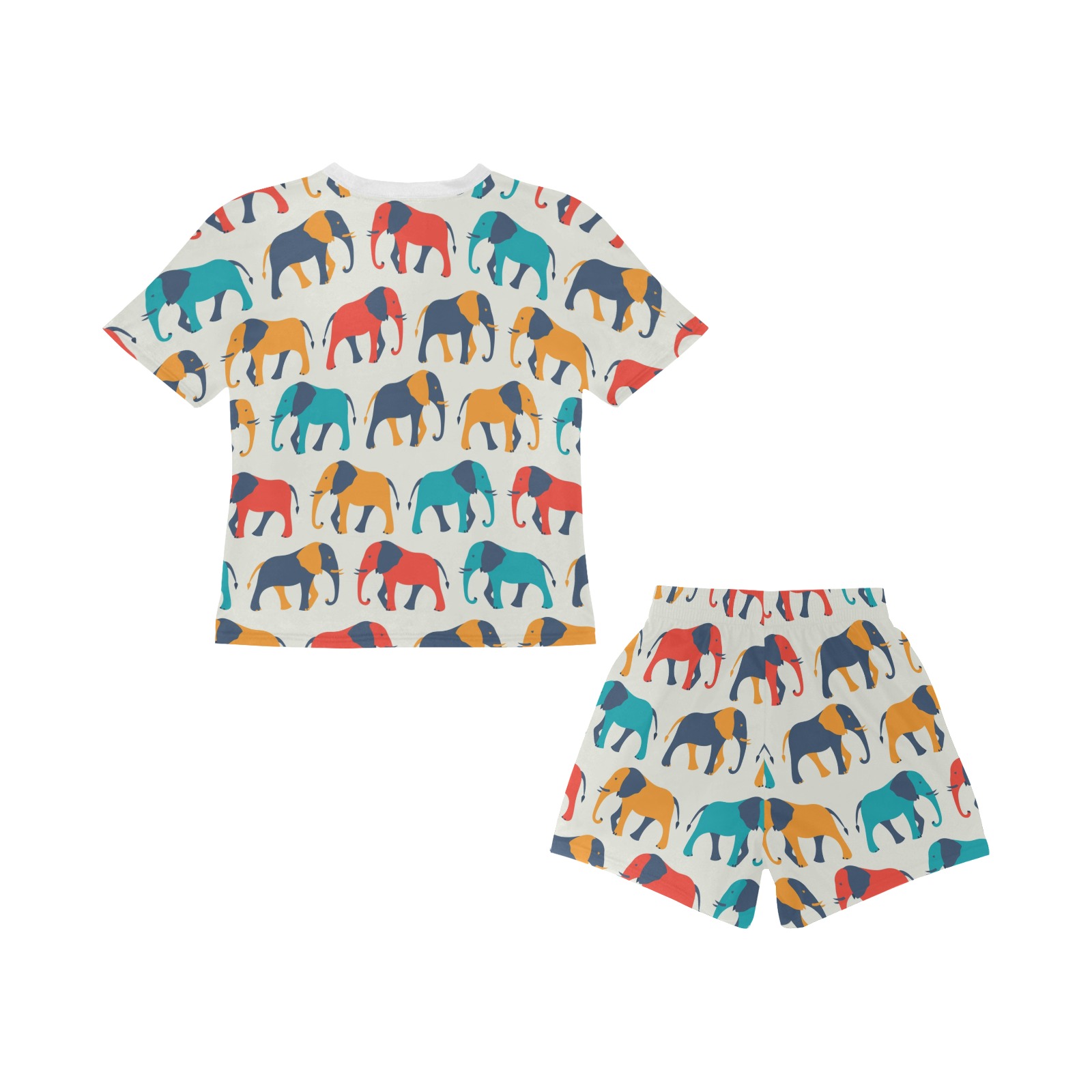 Little girls' short pajama set with elephant print, made of soft polyester, perfect for summer wear.