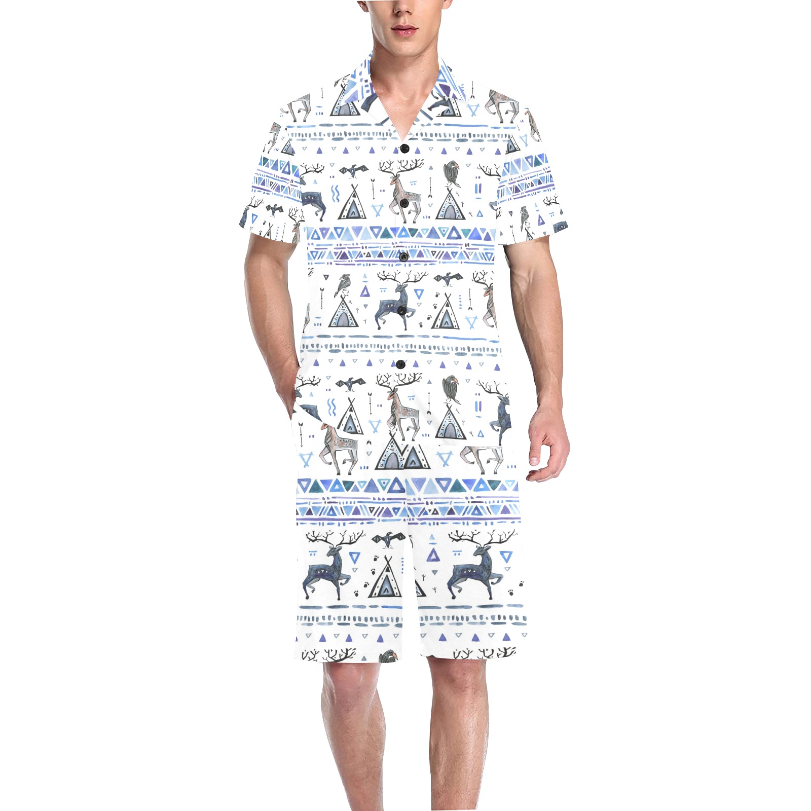 Men's Pajama Set with giraffe and reindeer print in blue and black. Short-sleeved shirt and shorts.
