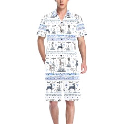 Men's Pajama Set with giraffe and reindeer print in blue and black. Short-sleeved shirt and shorts.