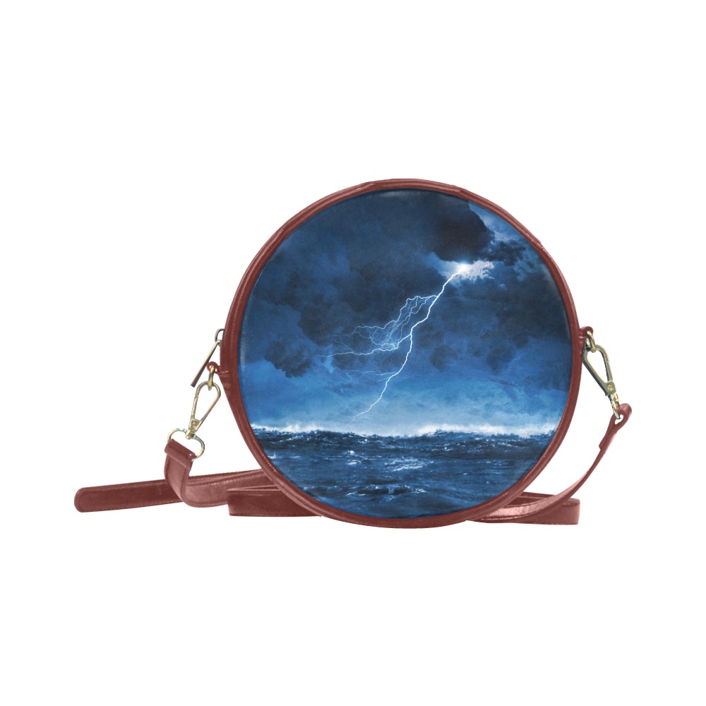 Round Messenger Bag with lightning design, PU leather material, adjustable strap, suitable for women.